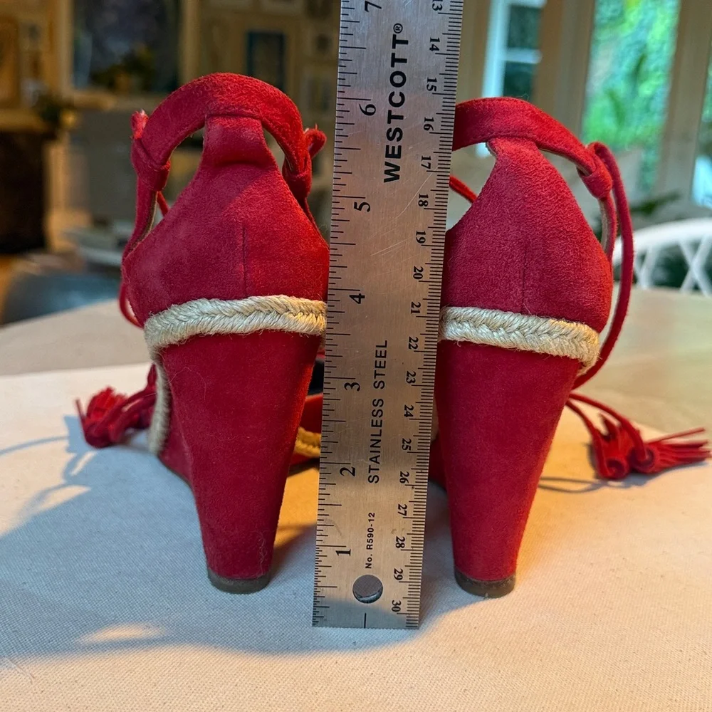 AQUAZZURA Sunshine Pompom Red Suede Wedge Sandal Espadrille US 7/7.5 / EU 37.5 - Picture 6 of 10